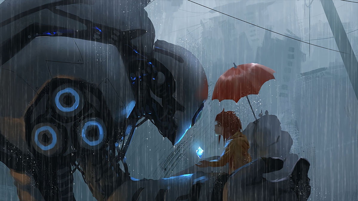 big mecha and human in rain