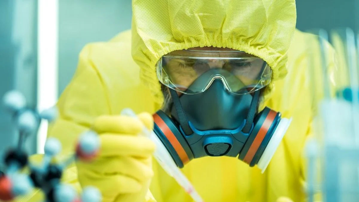 lab tech in biohazard suit