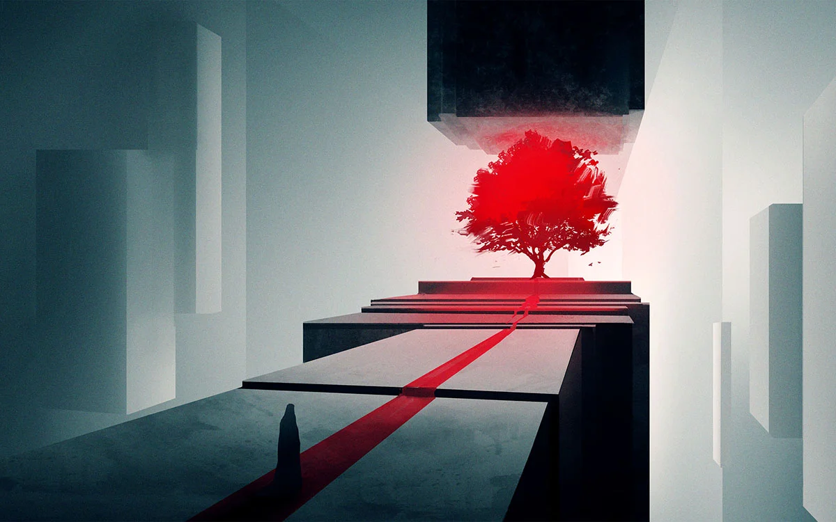 red tree in floating maze